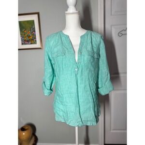 Talbots 100% linen roll-tab sleeve popover top in aqua mint, size petite M